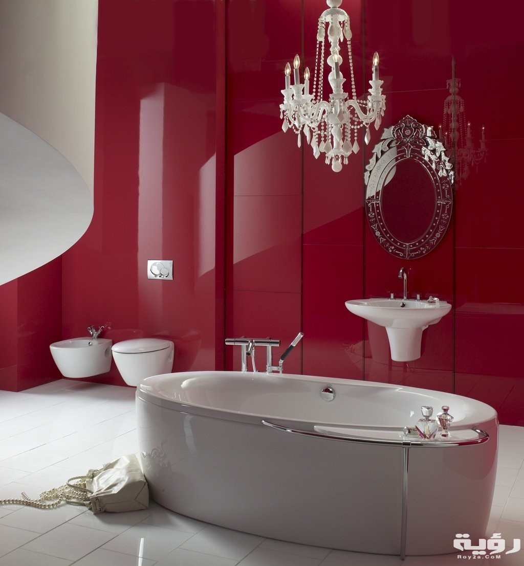 retro spacious red bathroom with white ceramic bathtub with lustre