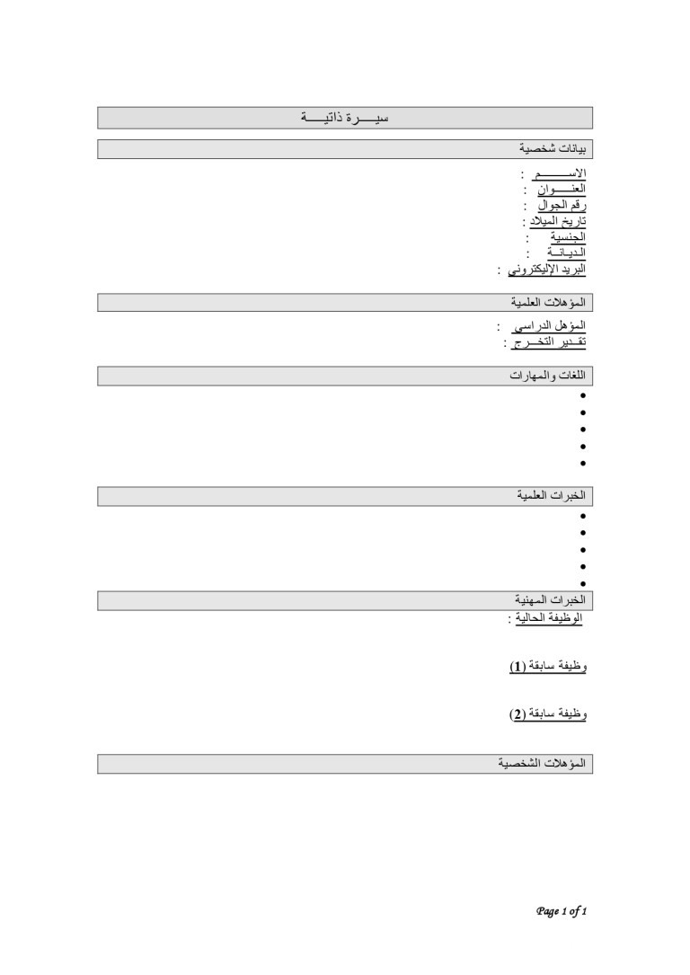 نموذج لكتابة السيرة الذاتية باللغة العربية
