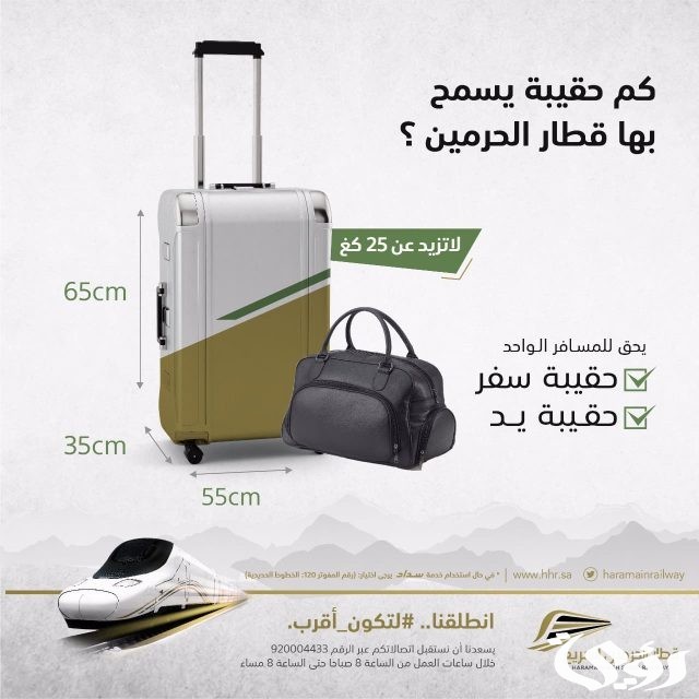كم عدد الشنط المسموح بها في قطار الحرمين؟ كم عدد الشنط المسموح بها في قطار الحرمين؟