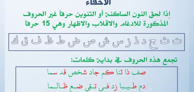 ما هي حروف الإخفاء الشفوي في الميم الساكنة 1 ما هي حروف الإخفاء الشفوي في الميم الساكنة