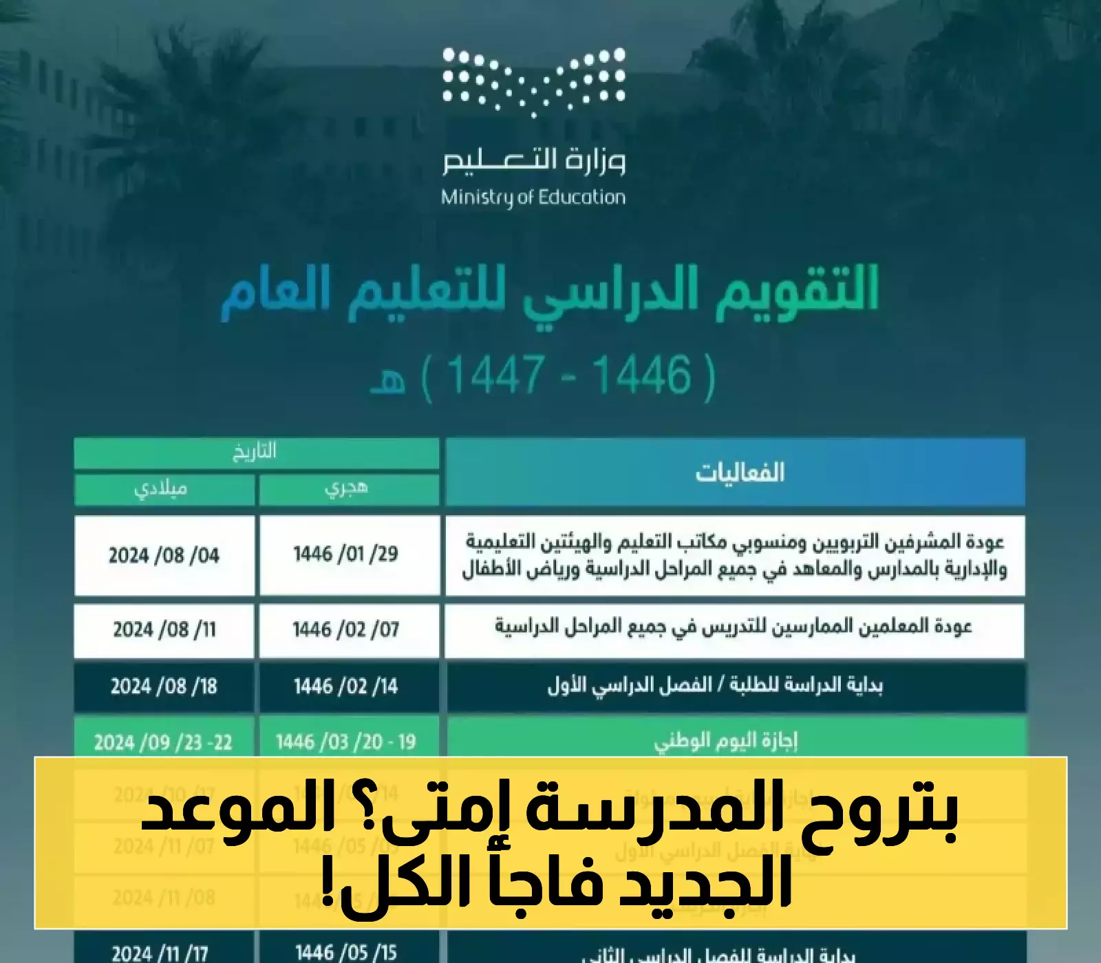 التعليم السعودية تعلن موعد انطلاق العام الدراسي 1447هـ وتحدد عودة المعلمين قبل الطلاب بأسبوع